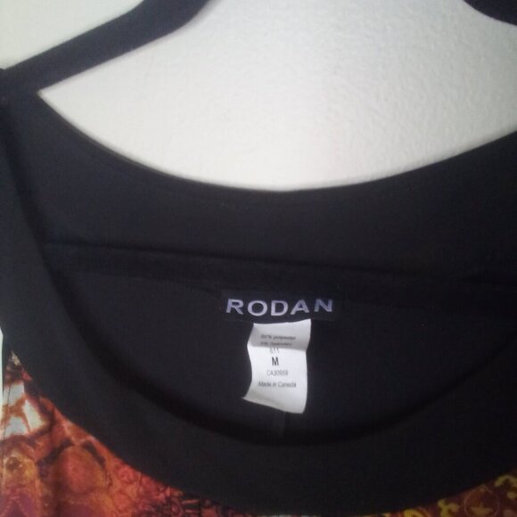 Rodan Dress Women M Sleeveless Open Front Flowing Black Orange Red - Picture 6 of 15